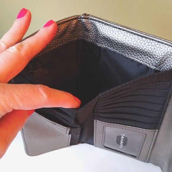 Tahari Metallic Silver Vegan Protective Lining 8" Trifold Wallet Clutch - Picture 9 of 15